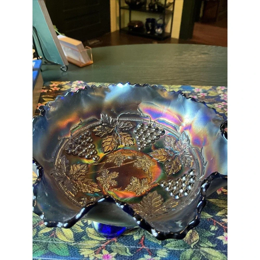 VTG‎ Fenton Blue Carnival Glass Ruffled 7.5